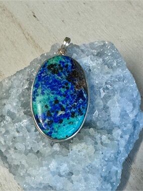 Bluebird Azurite Sterling Silver Oval Gemstone Pendant - Green Blue